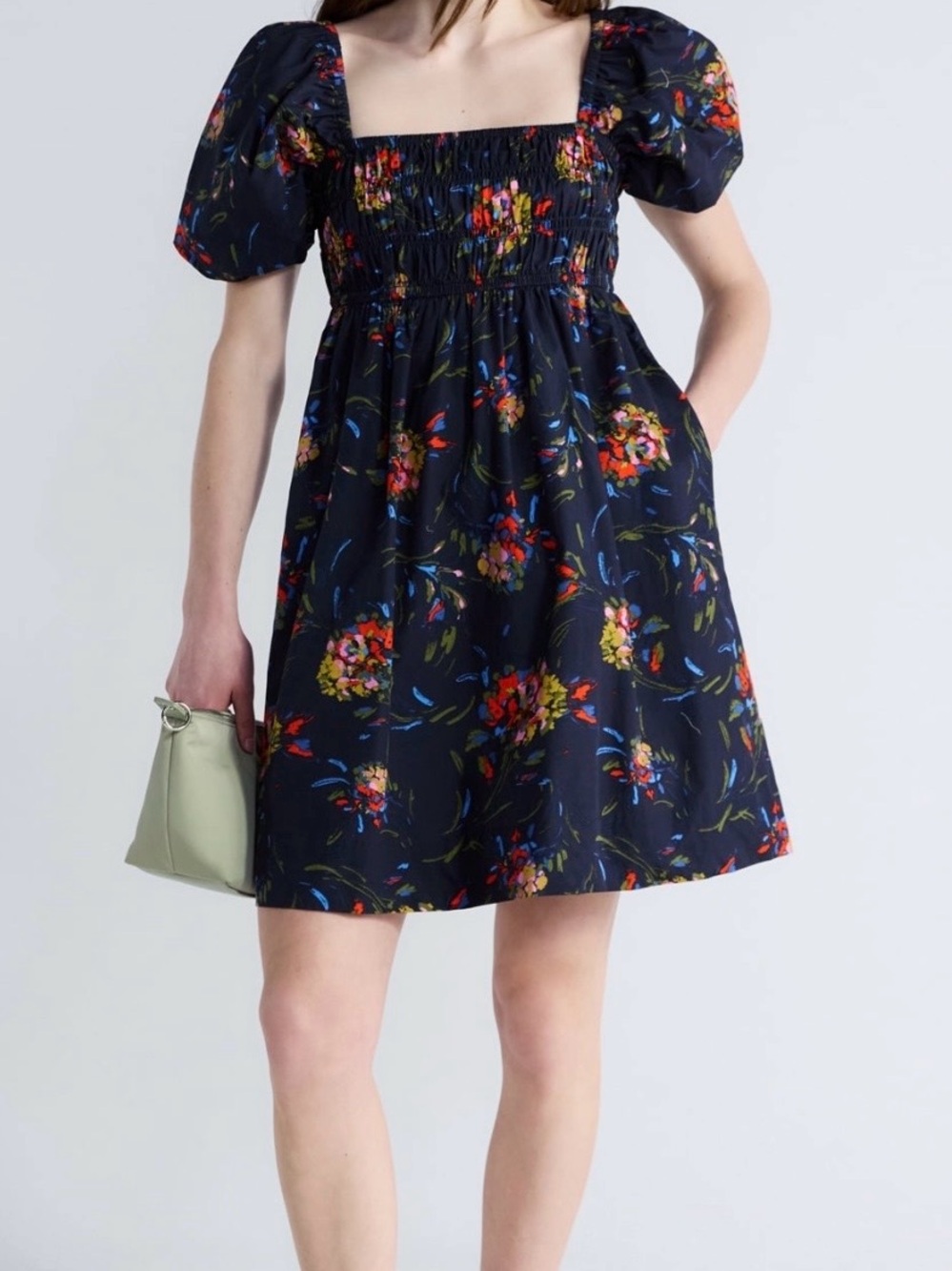 Navy Floral Square-Neck Mini Dress with Smocked Bodice - Picture 1 of 16
